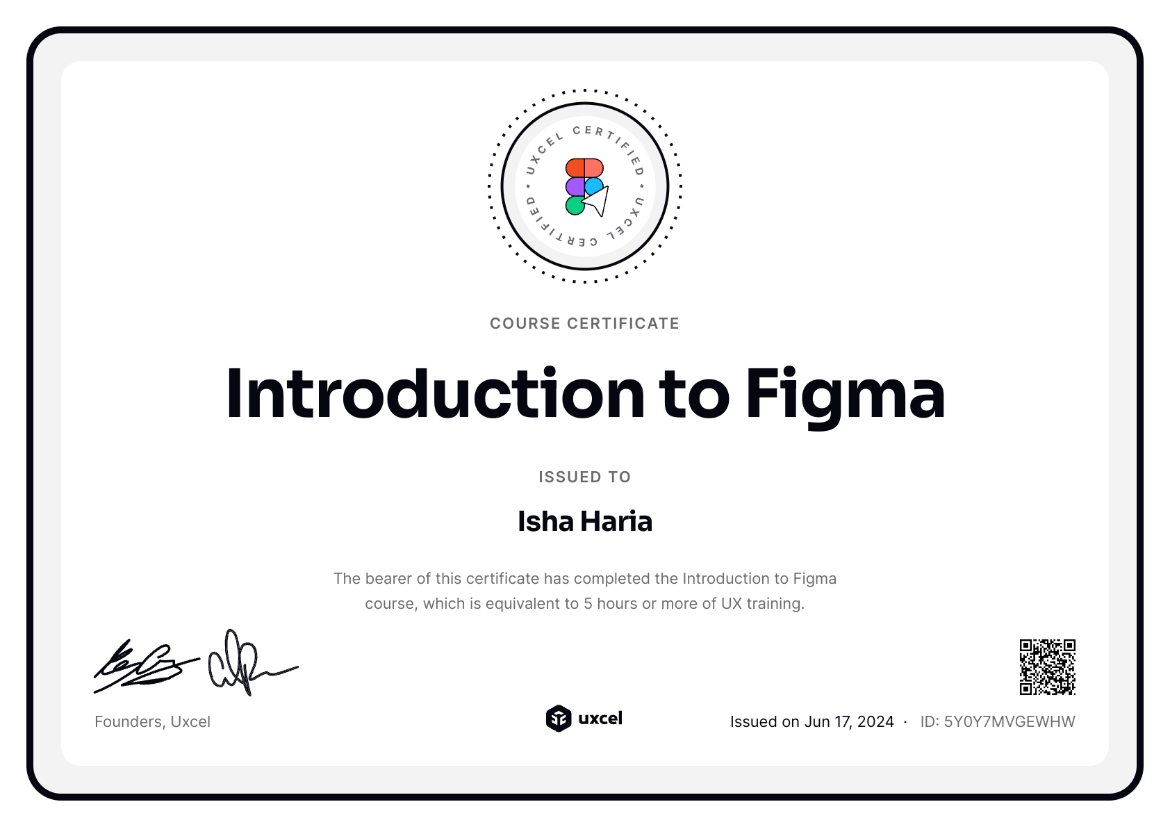 Isha Haria's certificate